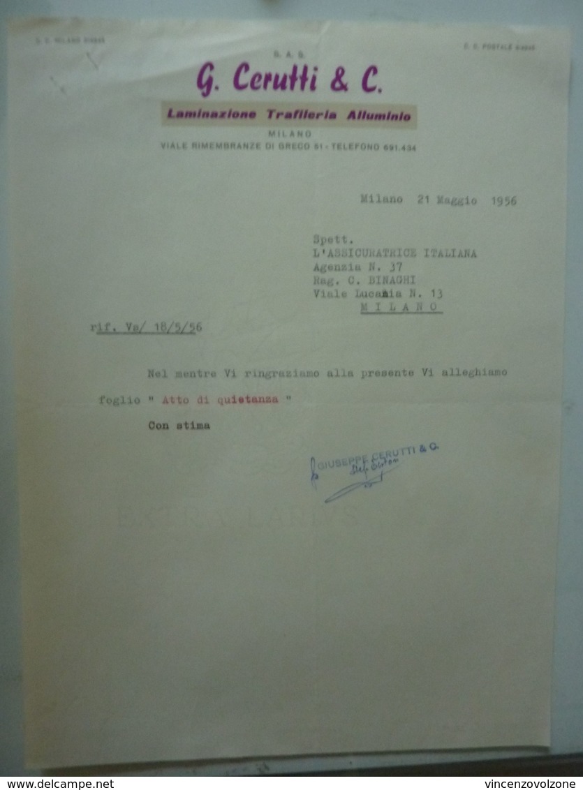 Lettera Commerciale "G. CERUTTI & C. Laminazione Trafileria Alluminio MILANO" 1956 - Italia