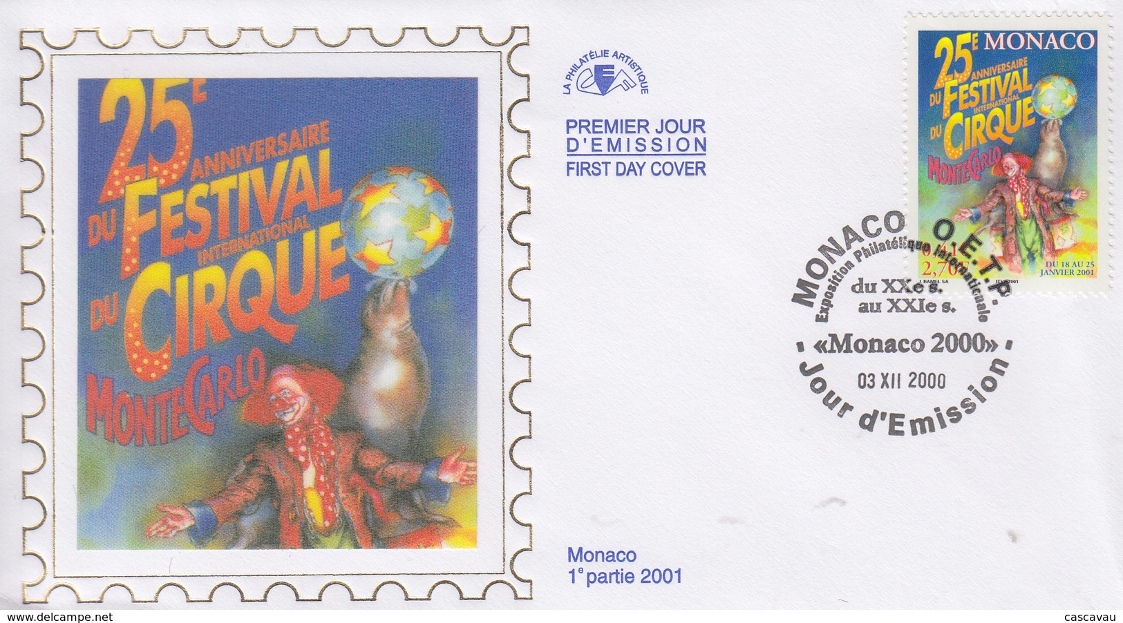 Enveloppe  FDC  1er  Jour   MONACO    25éme  FESTIVAL  INTERNATIONAL  Du  CIRQUE    2000 - Cirque