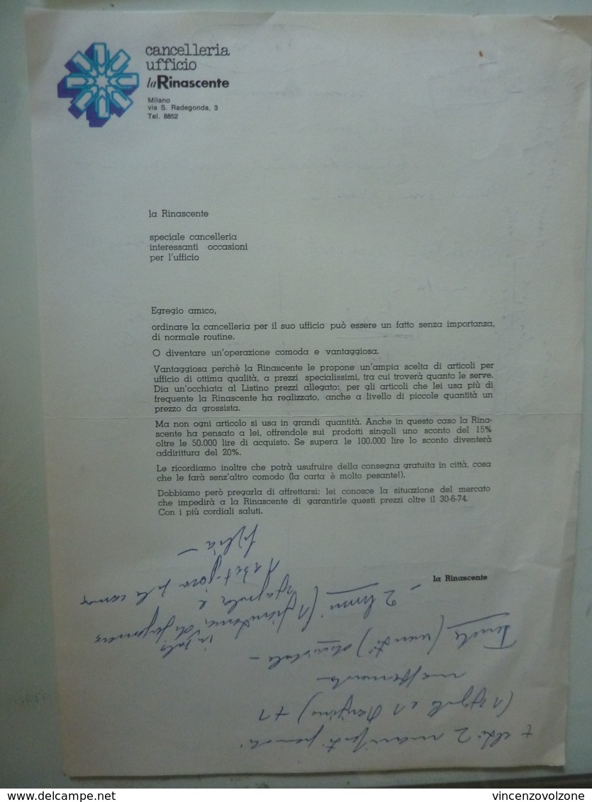 Lettera Commerciale  "Cancelleria Ufficio LA RINASCENTE MILANO" 1974 - Italy