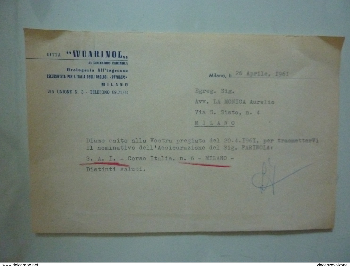 Lettera Commerciale "WUARINOL Orologeria All'Ingrosso MILANO" 1961 - Italia