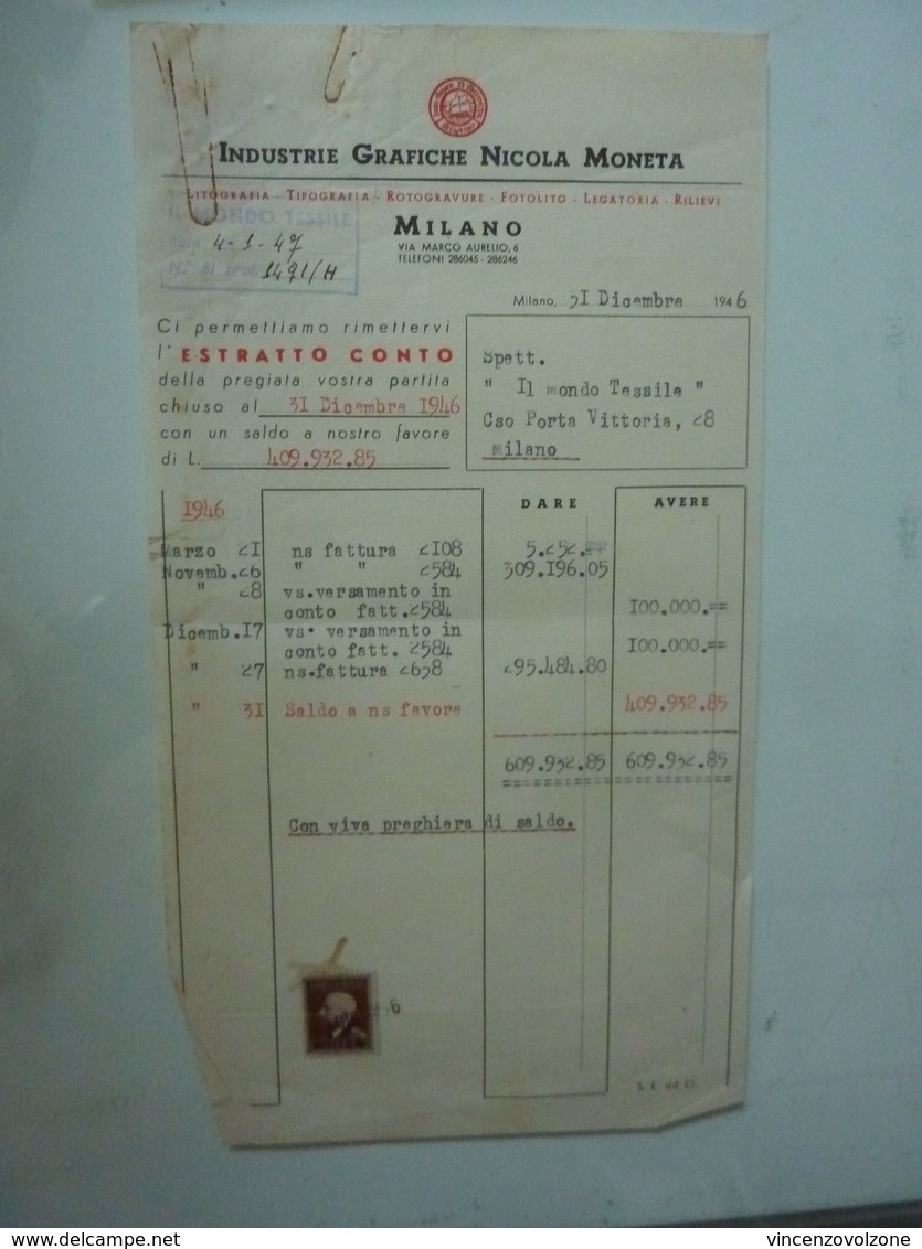 Fattura "INDUSTRIE GRAFICHE NICOLA MONETA MILANO" 1946 - Italia