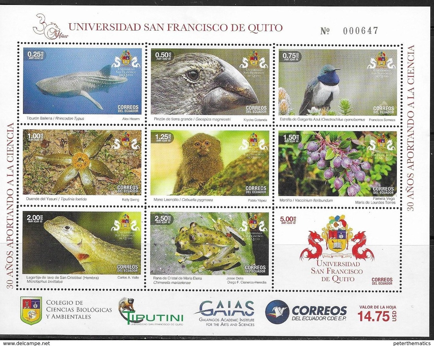 ECUADOR, 2018, MNH, UNIVERSITY OF SAN FRANCISCO QUITO, FROGS, BIRDS, SHARKS, LIZARDS, MONKEYS, FLORA, SHEETLET, SCARCE - Other & Unclassified