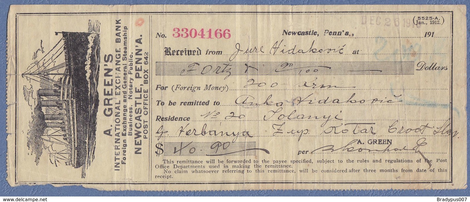 A.Green's-International Exchange Bank-Newcastle,Penn'a.-ship,boat,cheque-1913. - Cheques & Traveler's Cheques