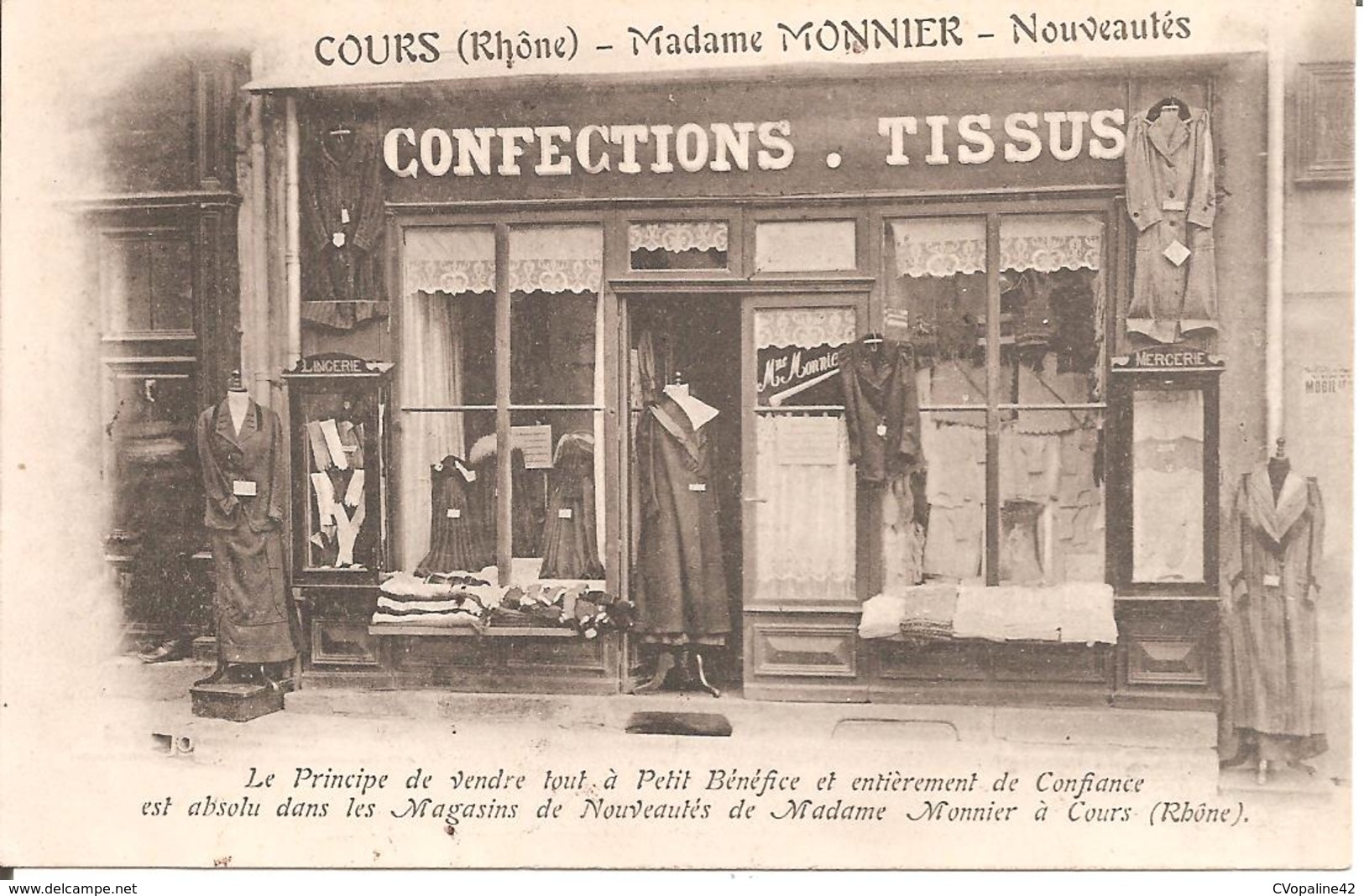 TOP CPA !!! COURS (69) Commerce Madame MONNIER - Nouveautés - Confections - Tissus (RARE Carte PUB) 2eme Cliché - Cours-la-Ville