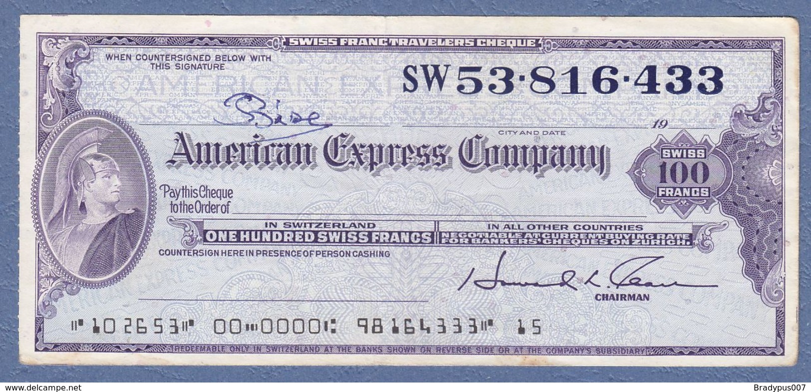 American Express Company 100 Swiss Francs-Swiss Franc Travelers Cheque - Cheques & Traveler's Cheques