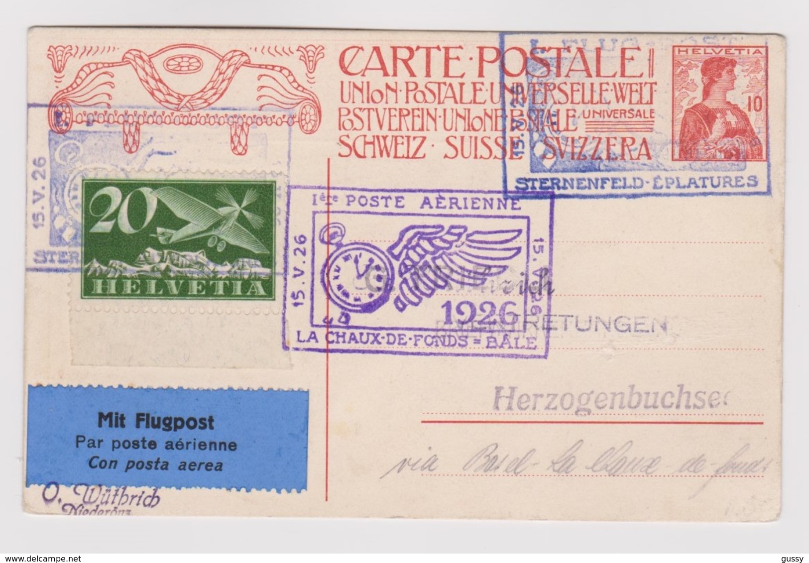 SUISSE POSTE AERIENNE 1925:  Entier De  La Chaux-de-Fonds à Bâle, Oblitérations Spéciales Du 15.V.26,  TTB - Altri & Non Classificati