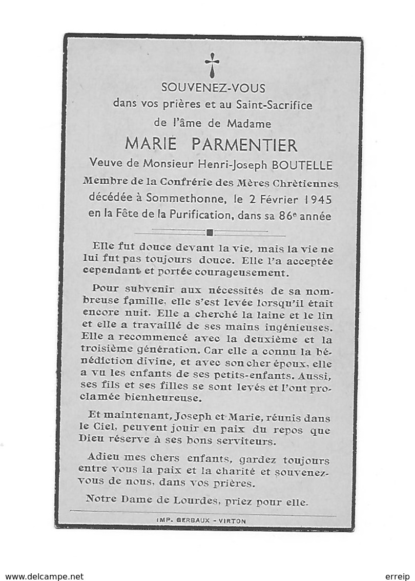 Marie Parmentier Veuve De Henri Joseph Boutelle Décédée à Sommethonne En 1945 Sommethonne 1945 - Meix-devant-Virton
