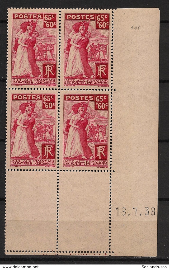 France - 1938 - N°Yv. 401 - Rapatriés D'Espagne - Bloc De 4 Coin Daté - Neuf Luxe ** / MNH / Postfrisch - 1930-1939