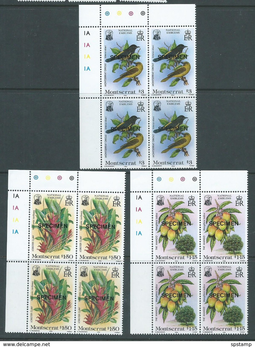 Montserrat 1985 National Emblems Set 3 Plate Number Blocks Of 4 Specimen Overprint MNH - Montserrat