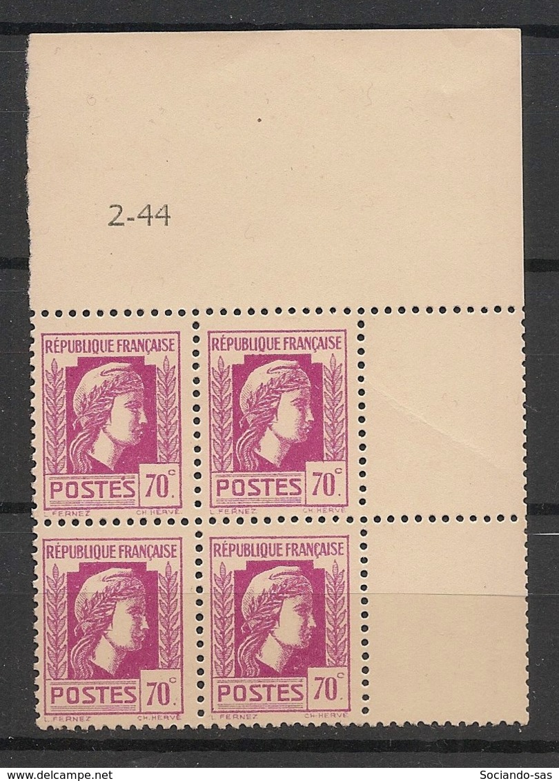 France - 1944 - N°Yv. 635 - Marianne D'Alger 70c - Bloc De 4 Coin Daté - Neuf Luxe ** / MNH / Postfrisch - 1940-1949