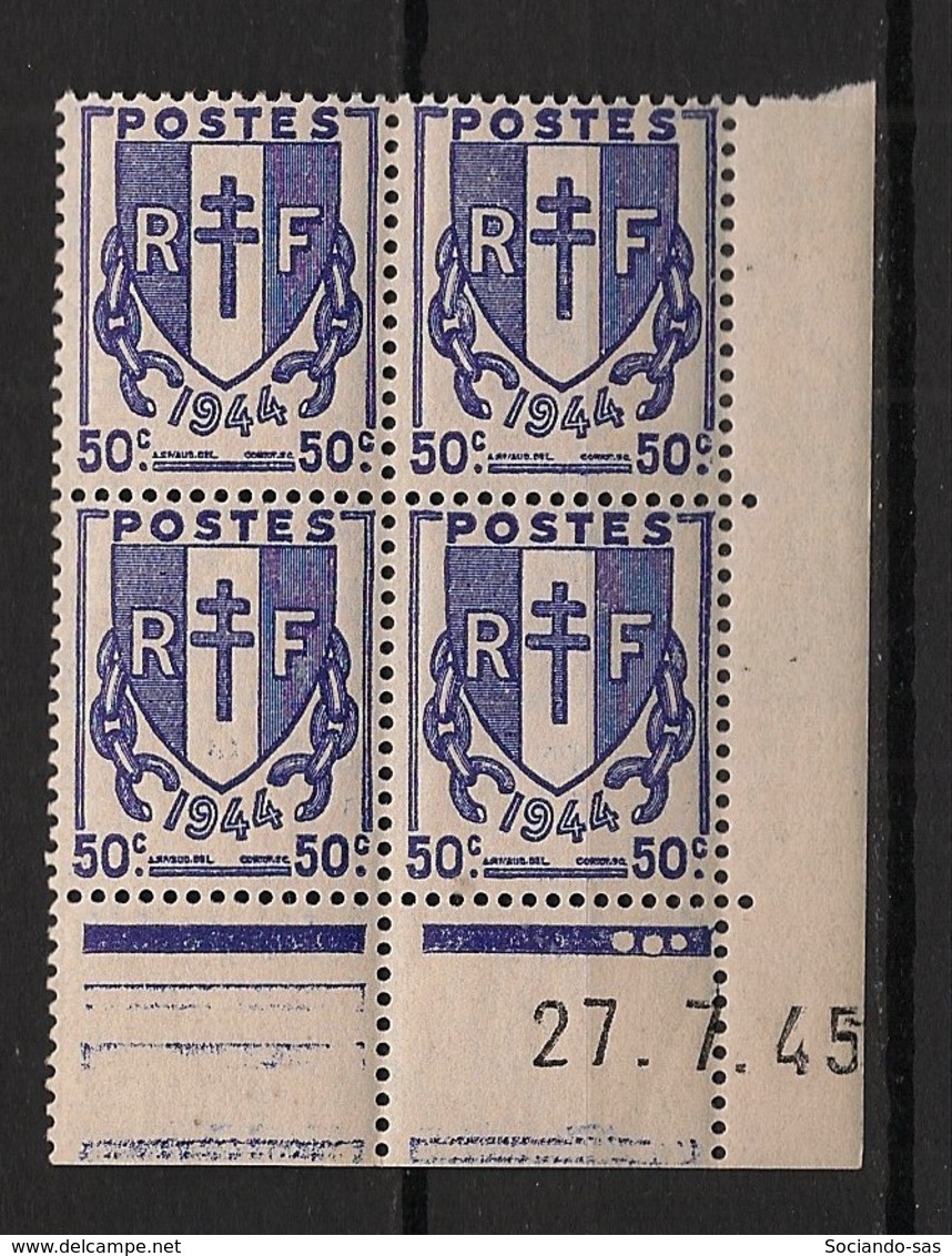 France - 1945 - N°Yv. 673 - Chaines 50c Bleu - Bloc De 4 Coin Daté - Neuf Luxe ** / MNH / Postfrisch - 1940-1949