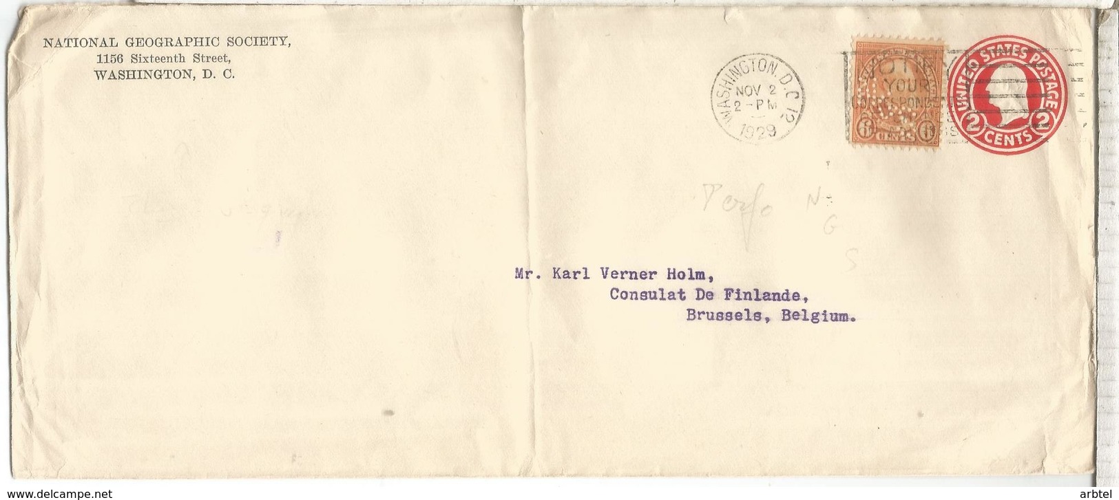 ESTADOS UNIDOS USA ENTERO POSTAL NATIONAL GEOGRAPHIC SOCIETY CON SELLO PERFORADO PERFIN NSG - Geografía