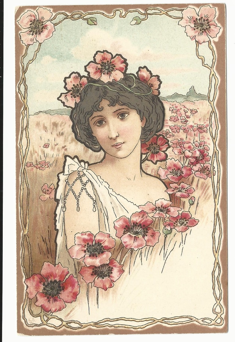 CPA - ART NOUVEAU -  FEMME AUX FLEURS - COQUELICOT - NON ECRITE - TBE - Other & Unclassified