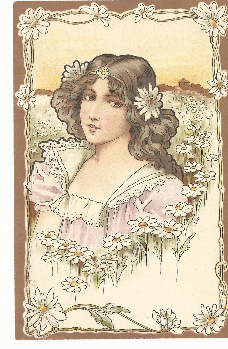 CPA - ART NOUVEAU -  FEMME AUX FLEURS - MARGUERITE- NON ECRITE - TBE - Sonstige & Ohne Zuordnung