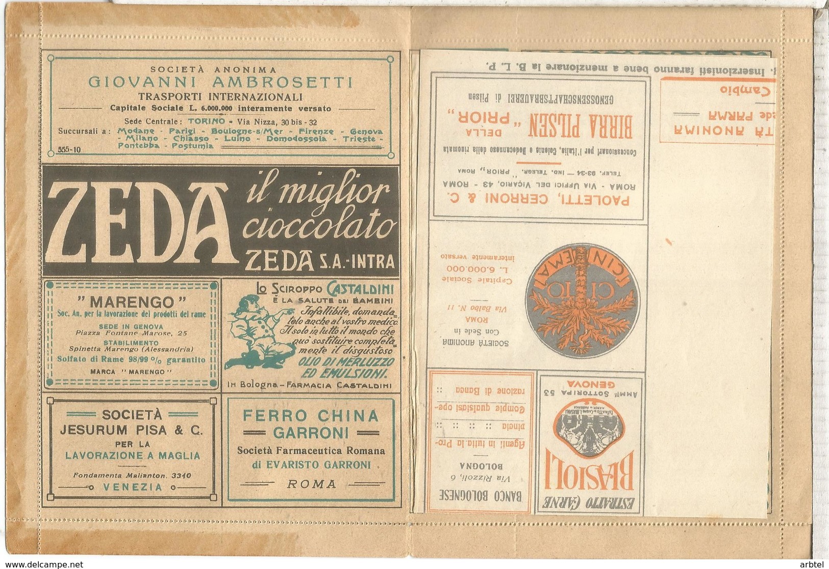 ITALIA BLP HACIA 1920S CARTA CON PUBLICIDAD DIVERSA LUZ CINZANO VERMOUTH VINO WINE NEUMATICO CHOCOLATE CACAO COCOA FARMA - Vinos Y Alcoholes