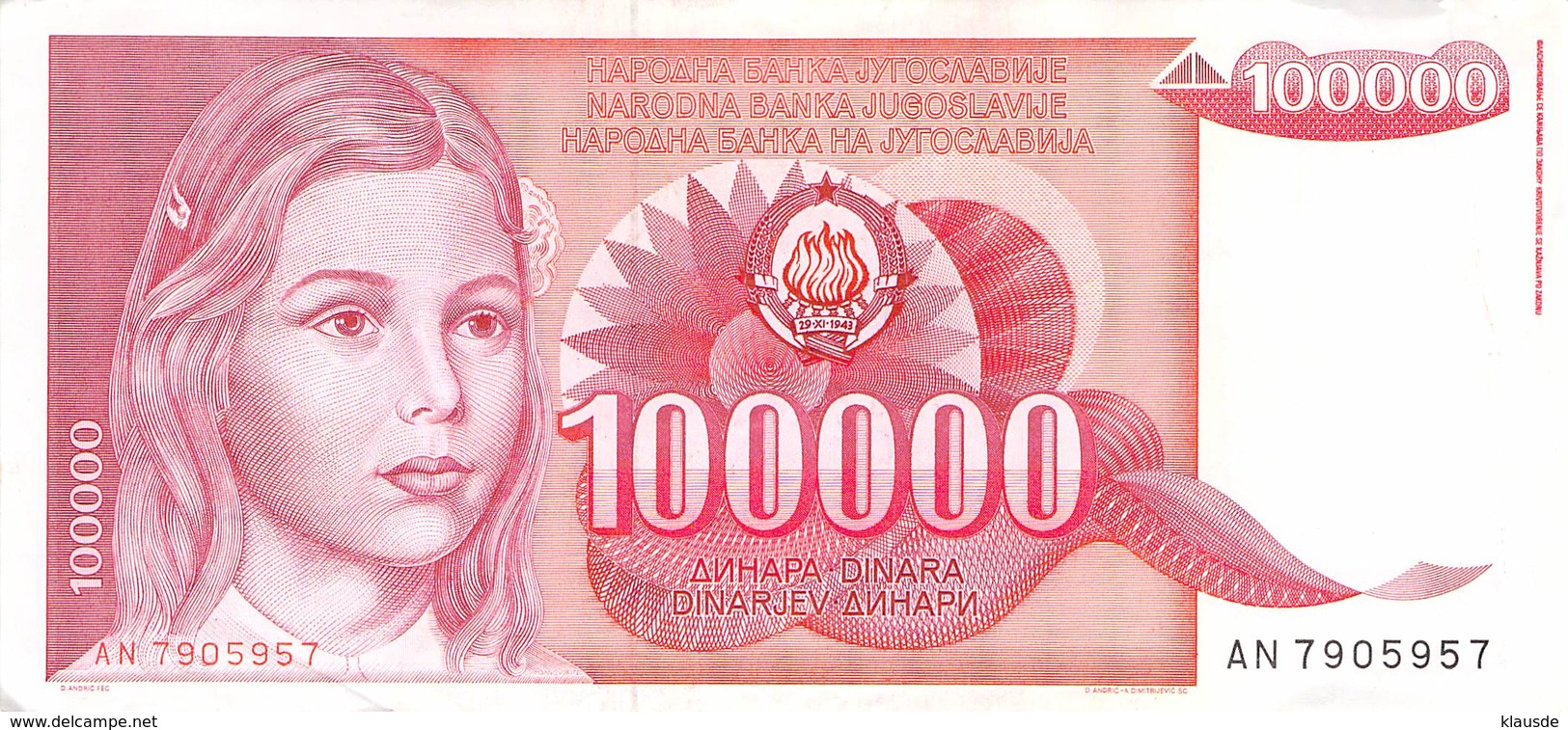 100 000 Dinar Banknote Jugoslawien 1989 VF/F (III) - Jugoslawien