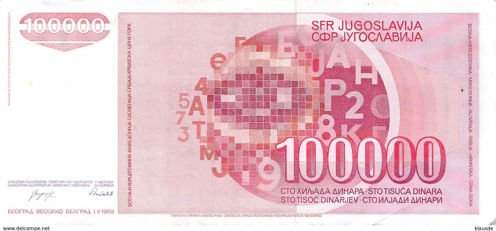 100 000 Dinar Banknote Jugoslawien 1989 VF/F (III) - Jugoslawien