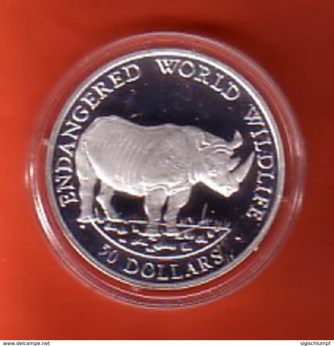 ENDANGERED WORLD WILDLIFE COOK-INSELN 50 Dollars Silbermünze Silver Coin / Ag 925 PP / Tiere Animals Nashorn Rhino - Cook