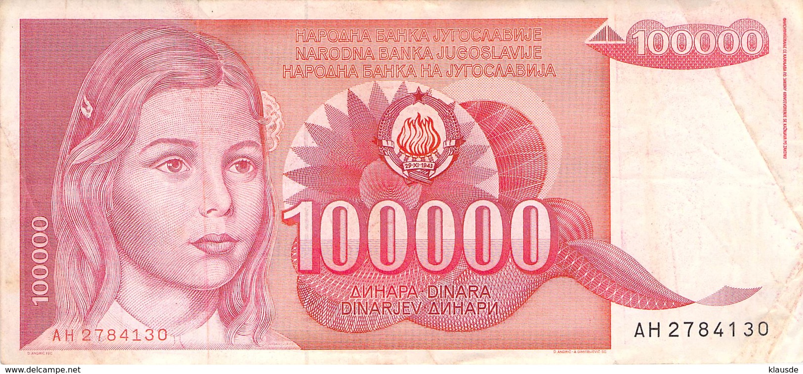 100 000 Dinar Banknote Jugoslawien 1989 VF/F (III) - Jugoslawien