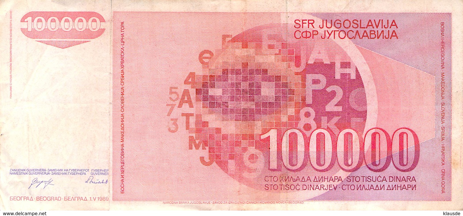 100 000 Dinar Banknote Jugoslawien 1989 VF/F (III) - Jugoslawien