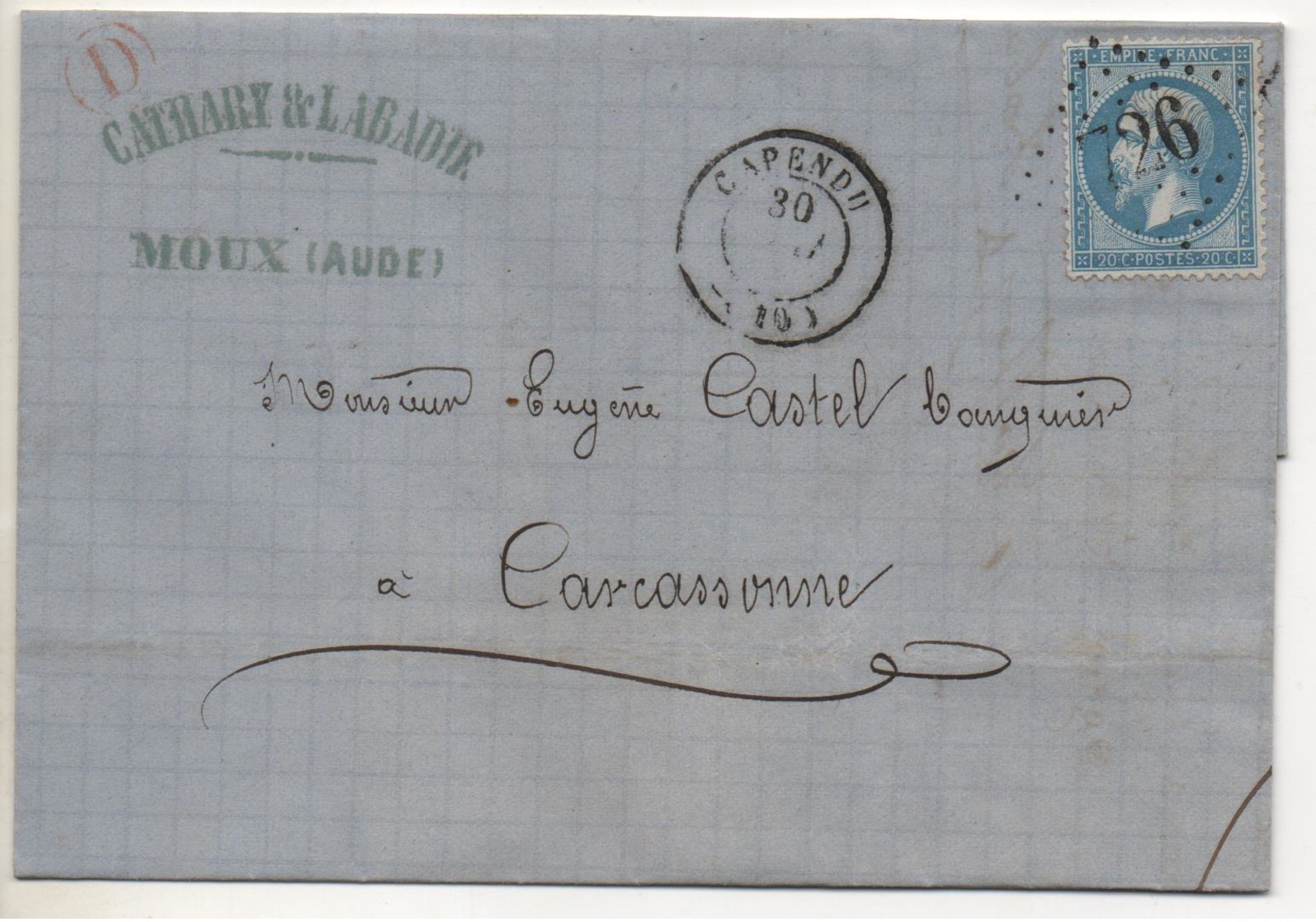 Cachet Facteur Rouge "D" Pour Une Lettre De MOUX (Aude) Plus Cacehet Bureau De Poste De CAPENDU En Mai 1866 - 1849-1876: Période Classique