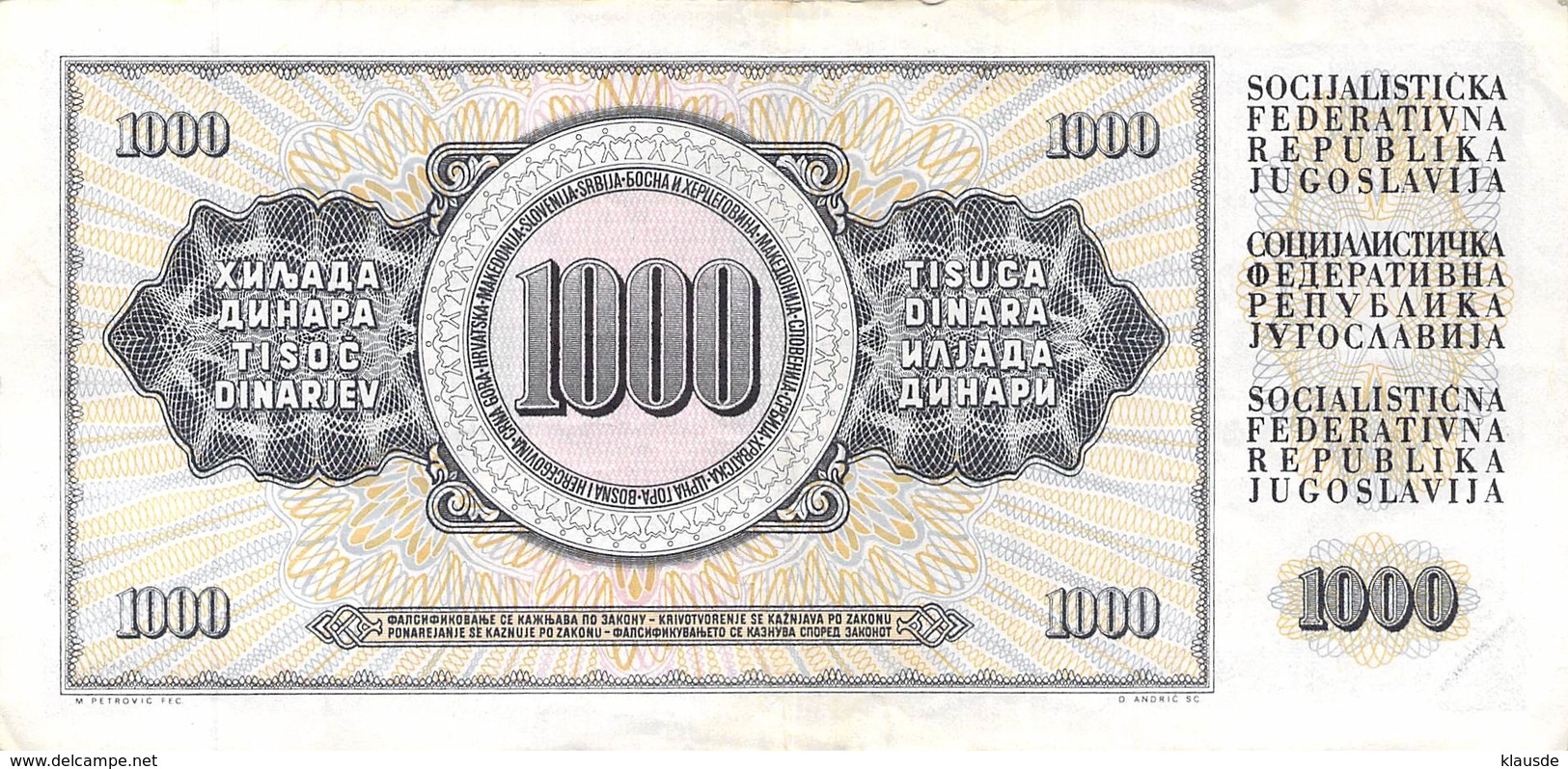 1000 Dinar Banknote Jugoslawien 1981 VF/F (III) - Jugoslawien
