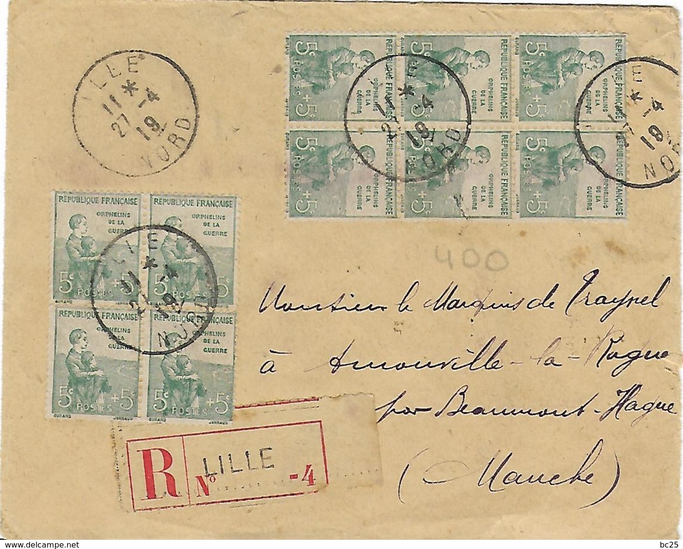 FRANCE - BELLE ENVELOPPE  RECOMMANDEE AVEC BLOCS TIMBRES ORPHELINS DE GUERRE ET BELLE OBLITERATIONS- SCAN DU VERSO - 1877-1920: Période Semi Moderne