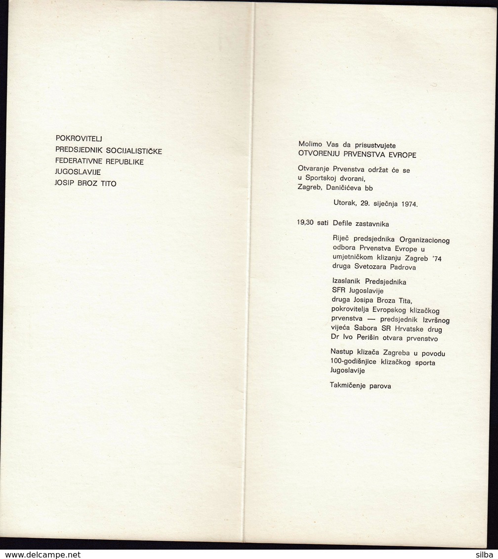 Croatia Zagreb 1974 / European Figure Skating Championship / Invitation Card - Skating (Figure)