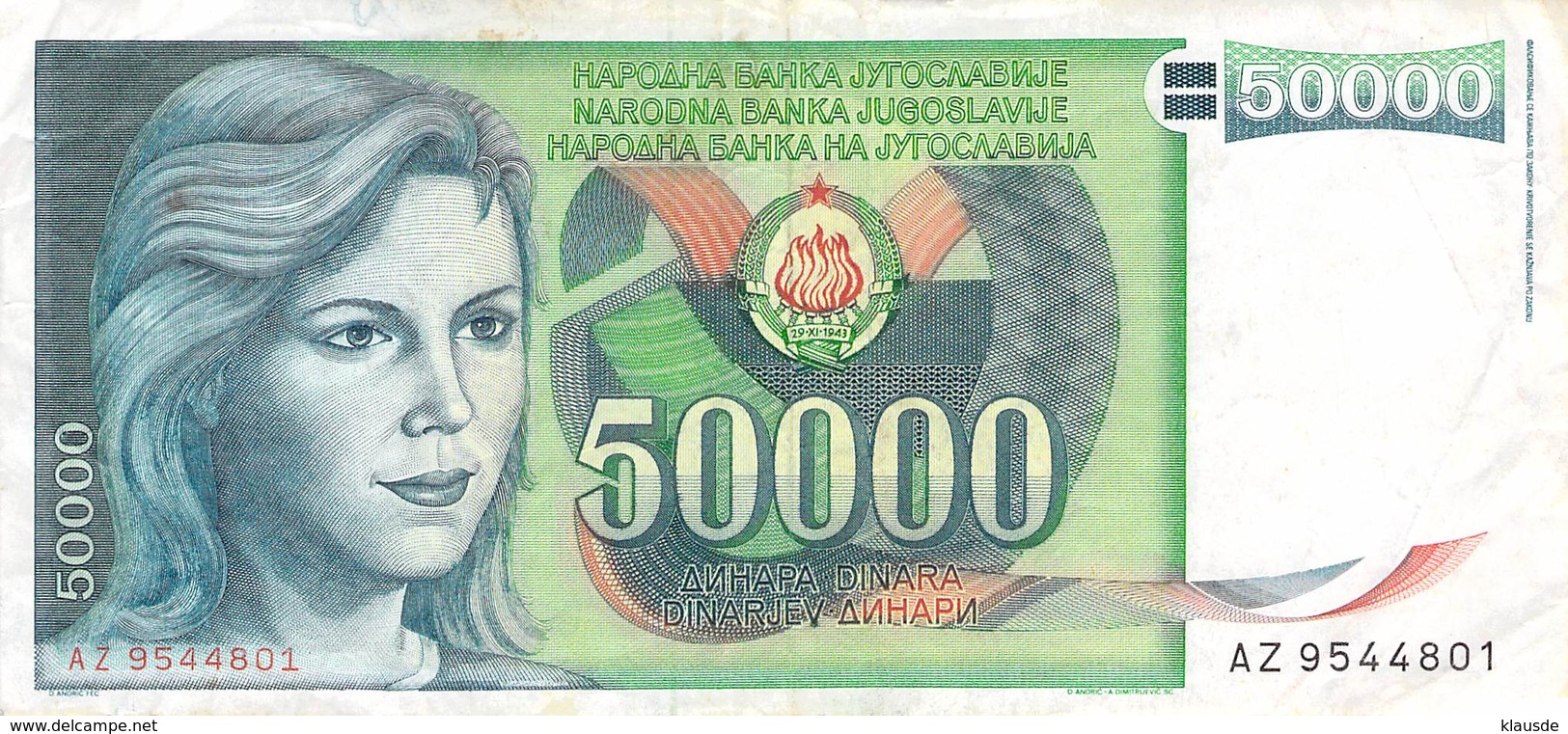 50 000 Dinar Banknote Jugoslawien 1988 VF/F (III) - Jugoslawien