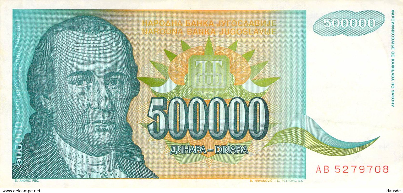 500 000 Dinar Banknote Jugoslawien 1993 VF/F (III) - Jugoslawien