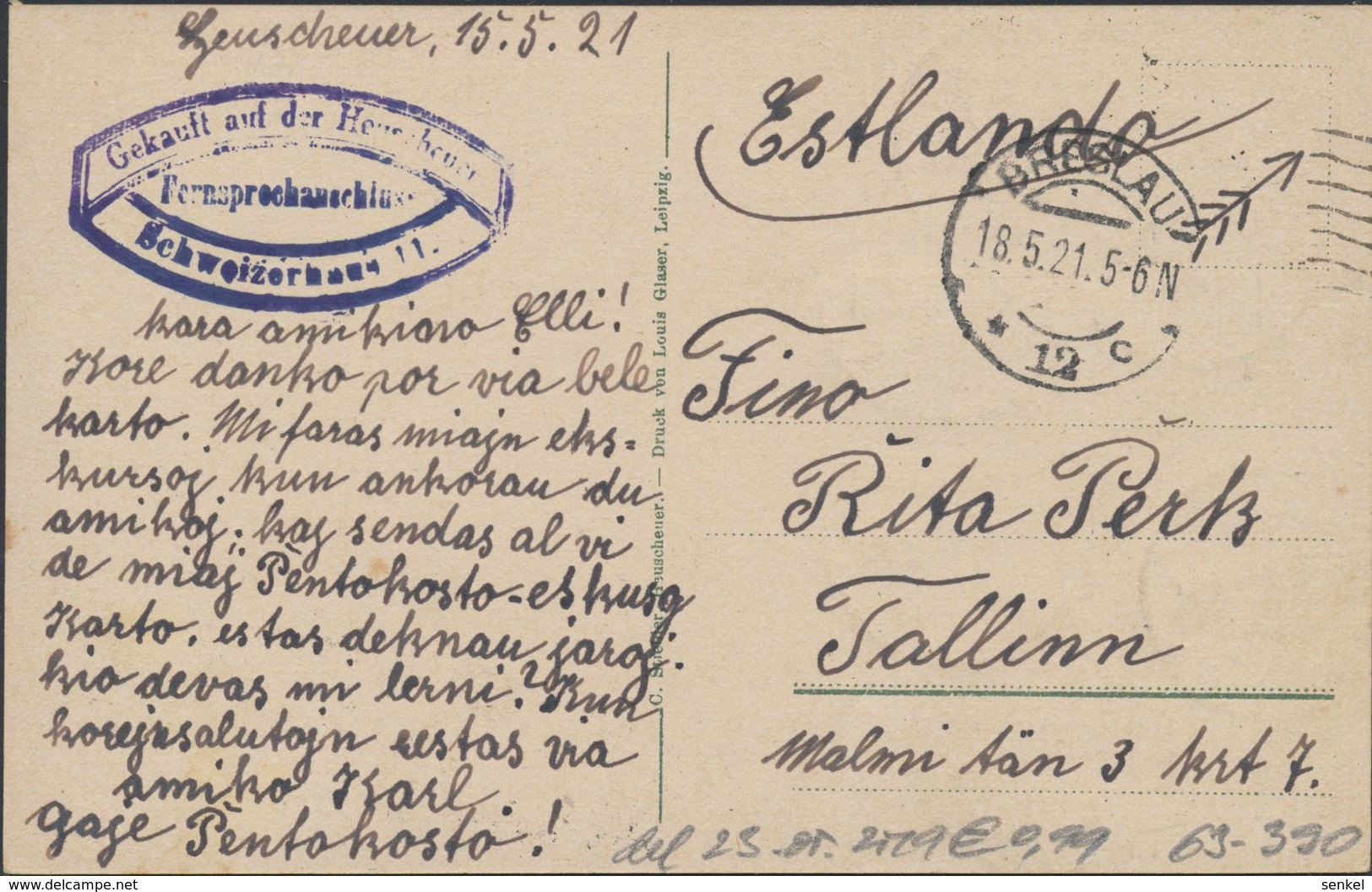63-390 Germany Deutschland Heuscheuer Eberkopf Sent To Estonia 1921 - Altri & Non Classificati