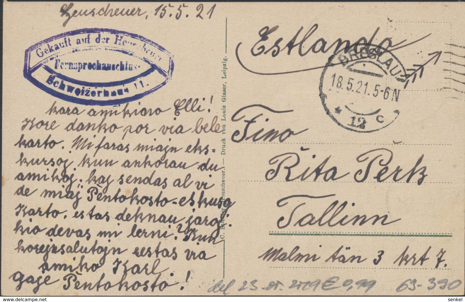 63-390 Germany Deutschland Heuscheuer Eberkopf Sent To Estonia 1921 - Autres & Non Classés