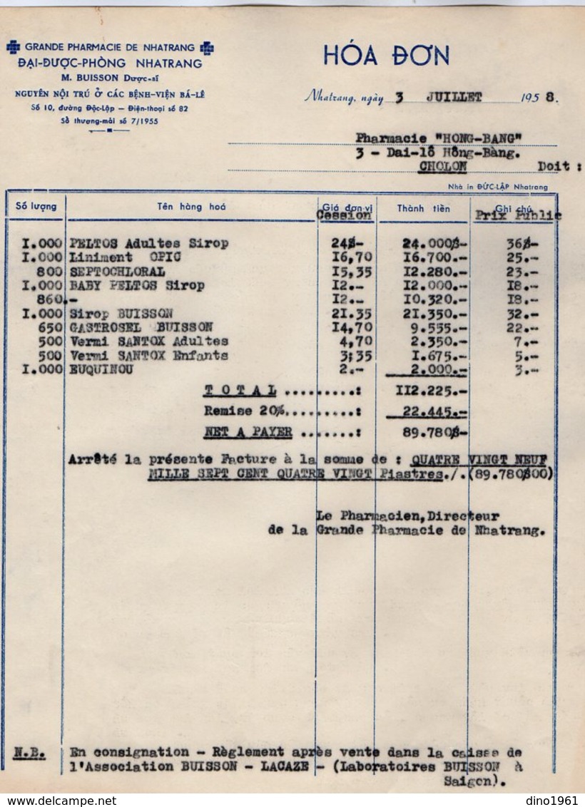 VP15.018 - INDOCHINE - VIETNAM - Facture - Grande Pharmacie De NHATRANG - M. BUISSON - Autres & Non Classés