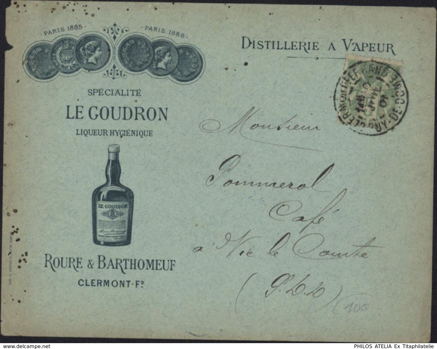 Enveloppe Illustrée Liqueur Goudron Roure Barthomeuf Clermont Ferrand Distillerie Vapeur YT 102 Sage Vert Jaune Alcool - 1877-1920: Periodo Semi Moderno