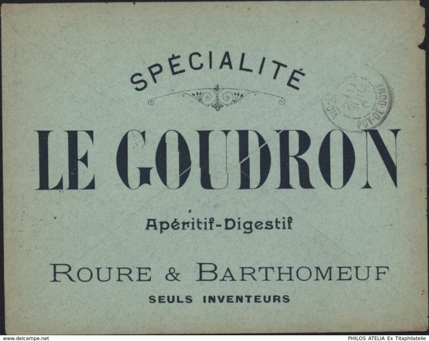 Enveloppe Illustrée Liqueur Goudron Roure Barthomeuf Clermont Ferrand Distillerie Vapeur YT 102 Sage Vert Jaune Alcool - 1877-1920: Periodo Semi Moderno