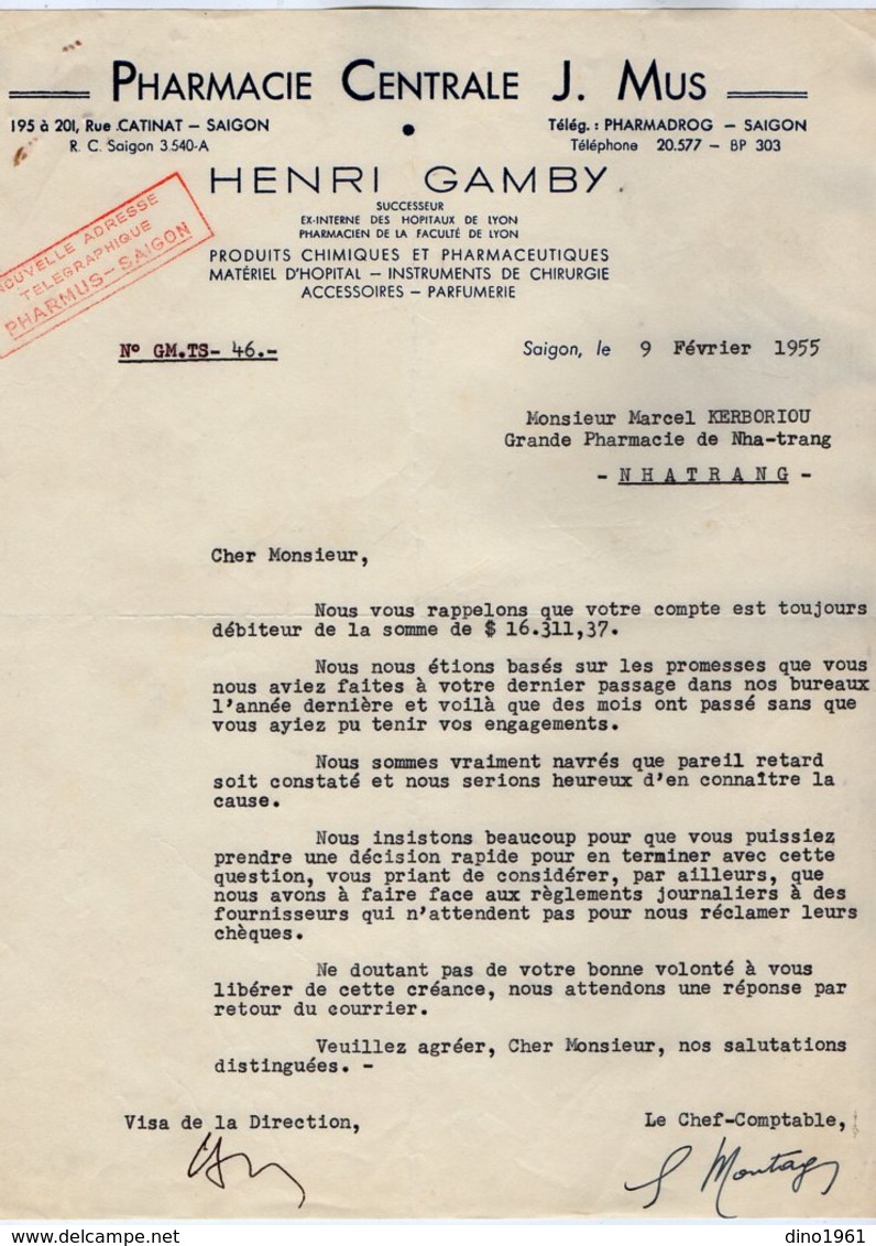 VP15.019 - INDOCHINE - VIETNAM - Lettre - Pharmacie Centrale J. MUS - Henri GAMBY Successeur à SAIGON - Autres & Non Classés