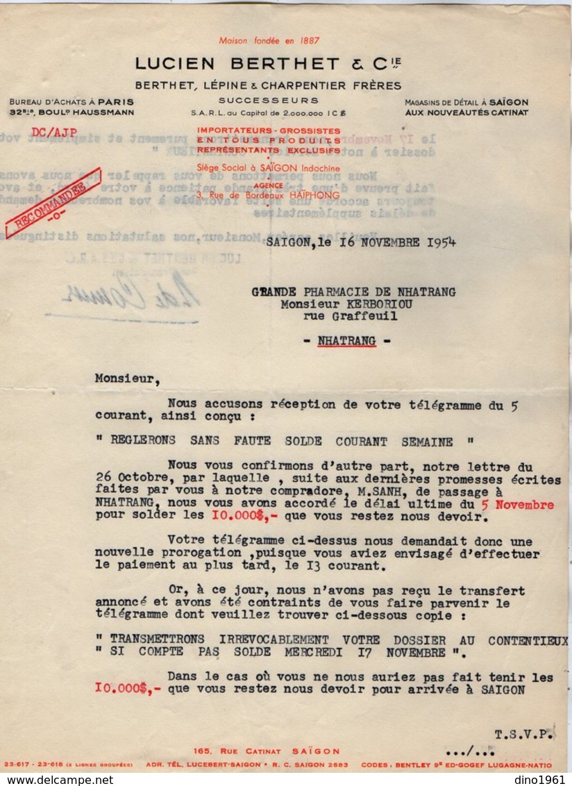 VP15.020 - INDOCHINE - VIETNAM - Lettre - Maison Lucien BERTHET & Cie Importateurs - Grossistes ... à SAIGON - Autres & Non Classés