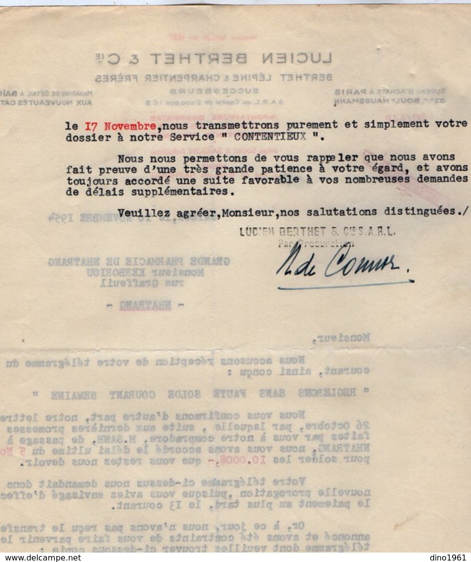 VP15.020 - INDOCHINE - VIETNAM - Lettre - Maison Lucien BERTHET & Cie Importateurs - Grossistes ... à SAIGON - Autres & Non Classés