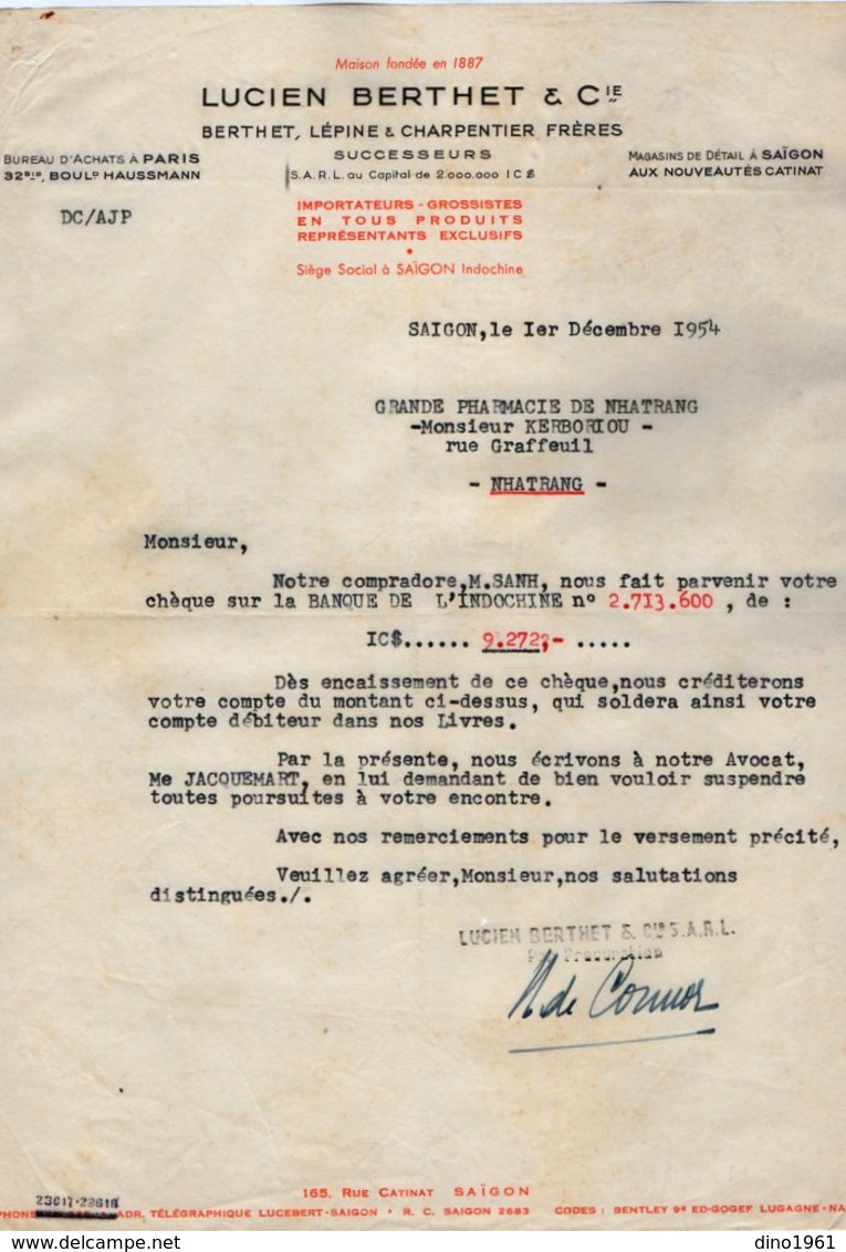 VP15.021 - INDOCHINE - VIETNAM - Lettre - Maison Lucien BERTHET & Cie Importateurs - Grossistes ... à SAIGON - Autres & Non Classés