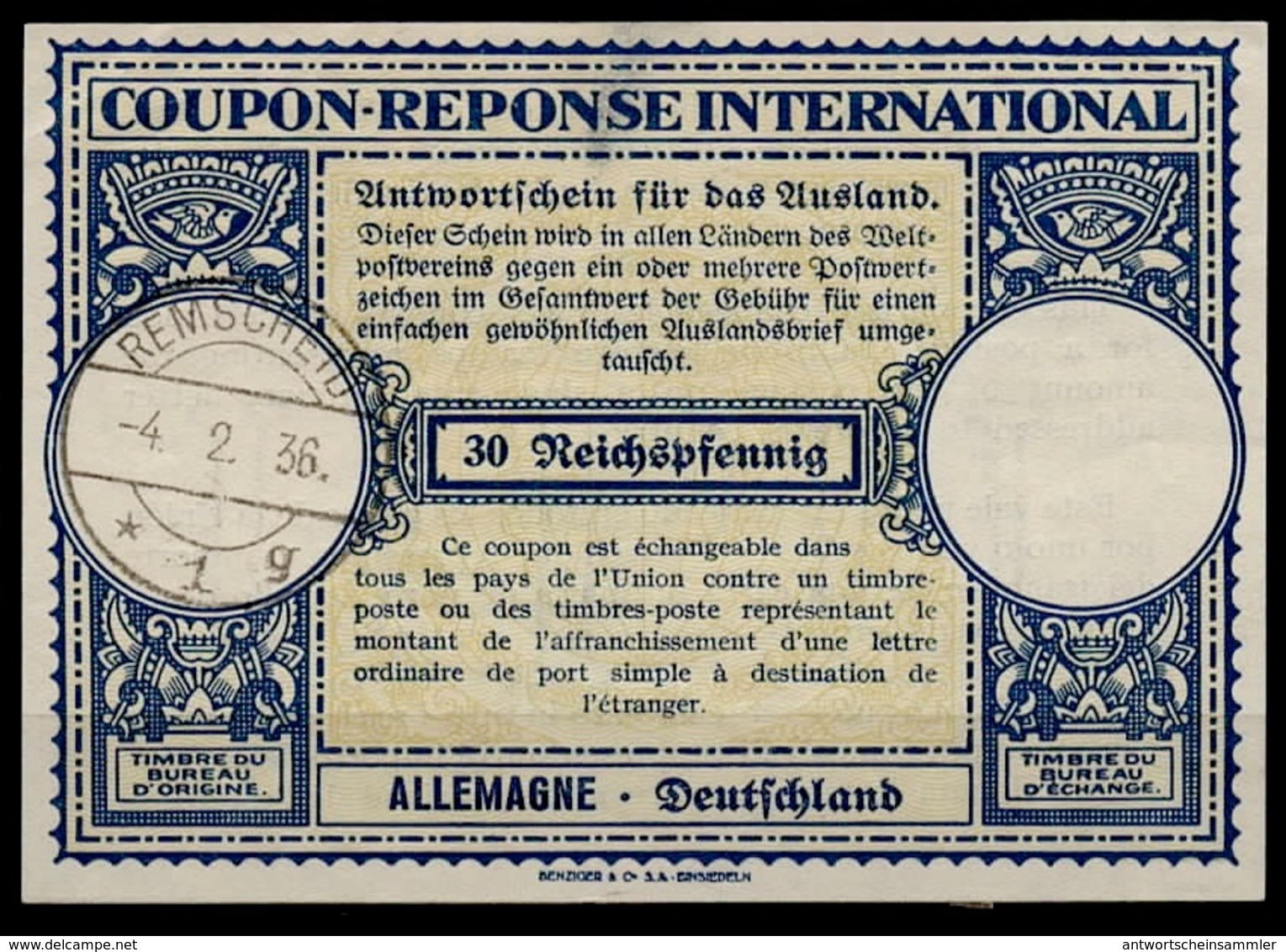 ALLEMAGNE GERMANY  Rare London Type Lo10  30 Rpf. Int. Reply Coupon Reponse Antwortschein IAS IRC O REMSCHEID 4.2.36 - Autres & Non Classés