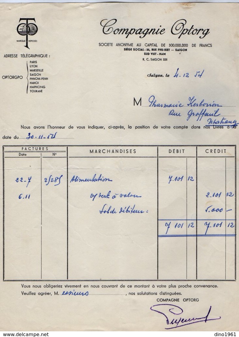 VP15.024 - INDOCHINE - VIETNAM - Facture - Compagnie OPTORG à SAIGON - Autres & Non Classés