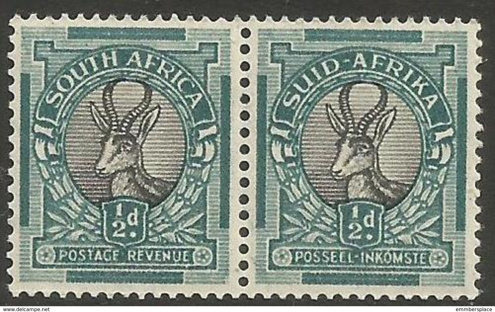 South Africa - 1937 Springbok 1/2d Bilingual Pair MNH **    SG 75b   Sc 46b - Unused Stamps