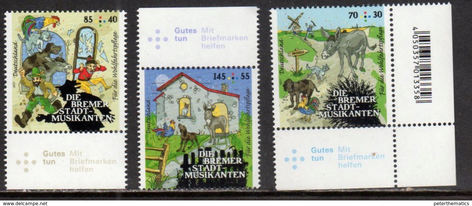 GERMANY, 2017, MNH, BREMEN TOWN MUSICIANS, DONKEYS, DOGS, CATS, ROOSTERS,  3v - Music