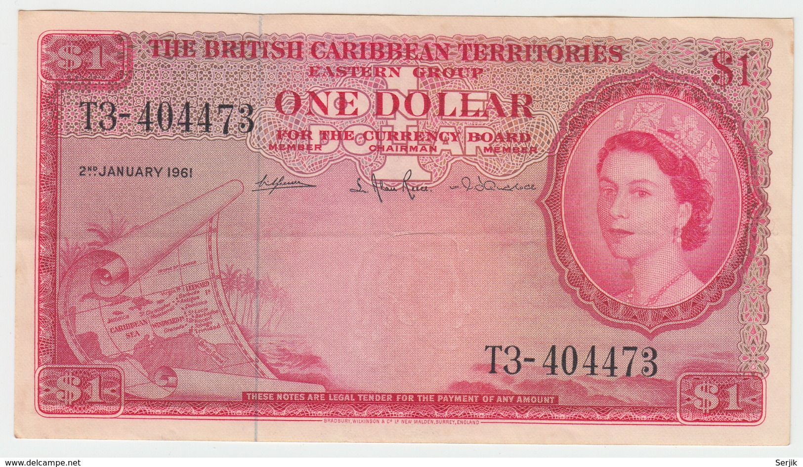 British Caribbean Territories 1 Dollar 1961 AVF+ (upper Border Tear) Pick 7c 7 C - Oostelijke Caraïben