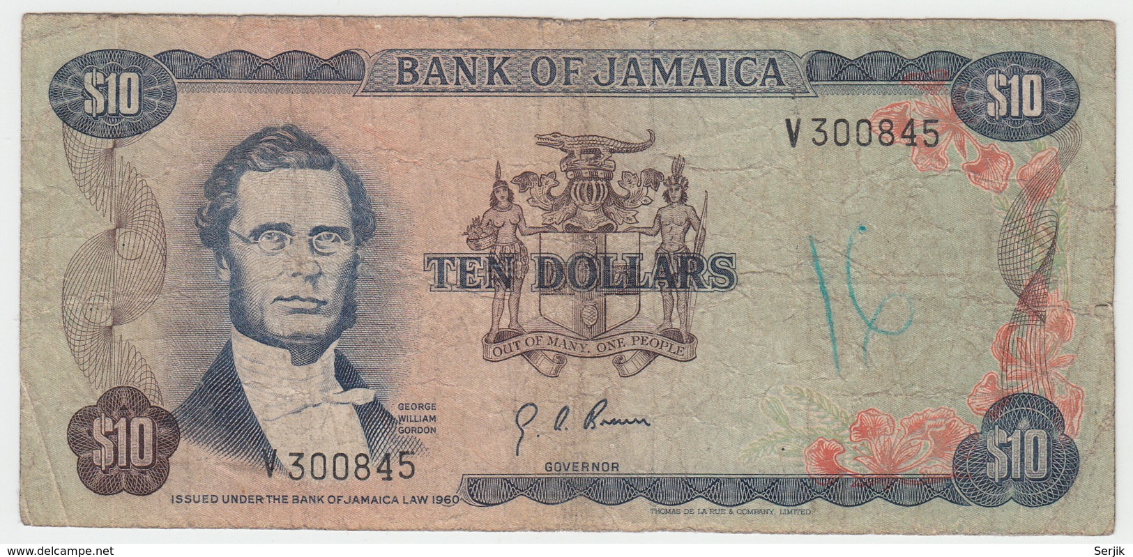 Jamaica 10 Dollars 1960 (1970) Fine Condition Pick 57 Signature 4 - Giamaica