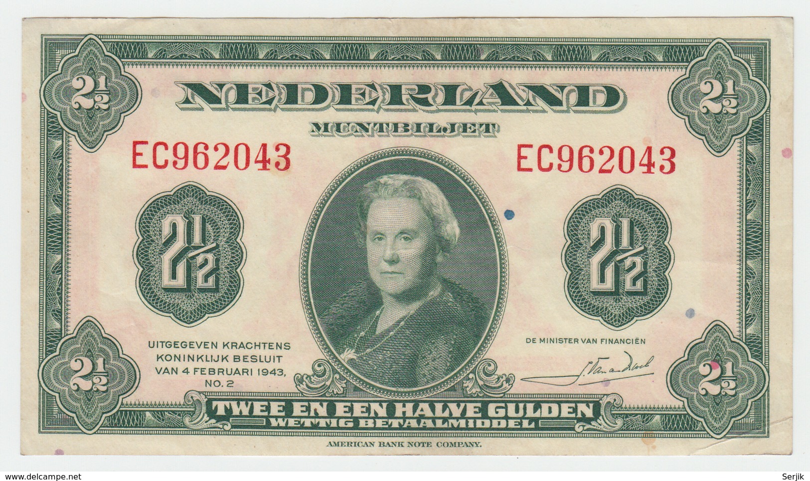 NETHERLANDS 2 1/2 GULDEN 1943 VF++ Pick 65 - 2 1/2 Gulden