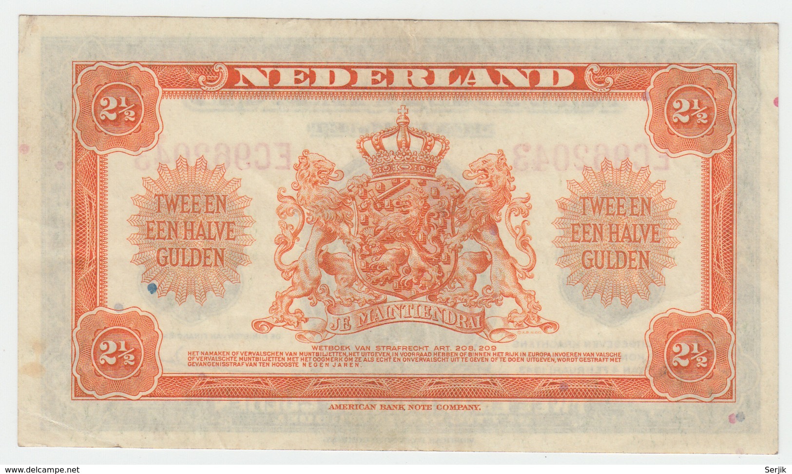 NETHERLANDS 2 1/2 GULDEN 1943 VF++ Pick 65 - 2 1/2 Gulden