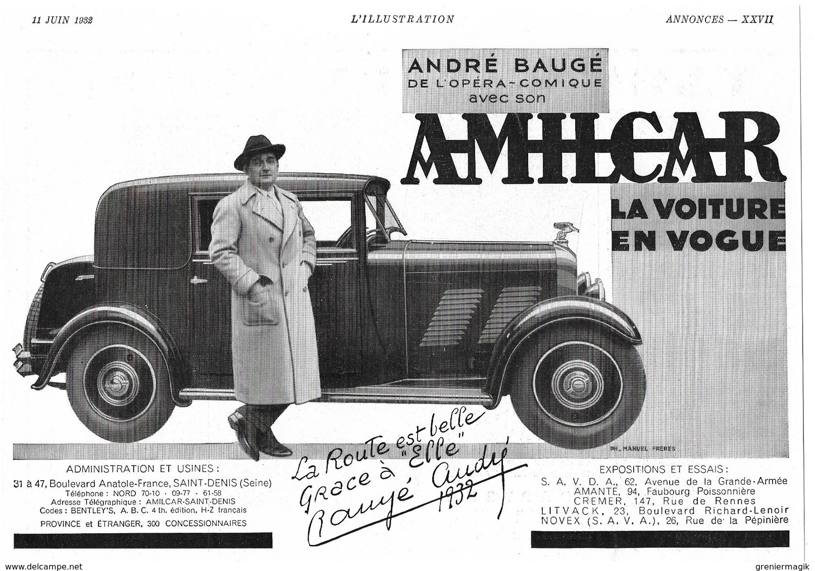 1932 André Baugé De L'opéra-comique Avec Son Amilcar (Automobile - Voiture - Usines à Saint-Denis) - (Publicité - Pub) - Publicités