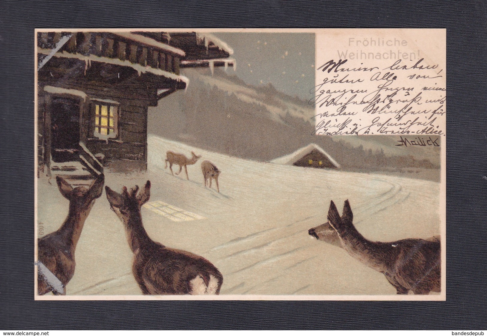 Illustrateur Mailick Fröhliche Weihnachten Noel Paysage D' Hiver Biche Biches Chalet Neige Chromo Lithographie - Mailick, Alfred