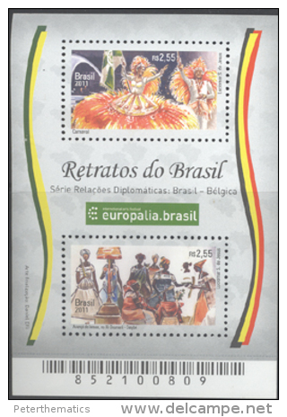 BRAZIL ,2013,  MNH, DIPLOMATIC RELATIONS WITH BELGIUM, DANCES, CARNIVAL COSTUMES, S/SHEET - Costumes